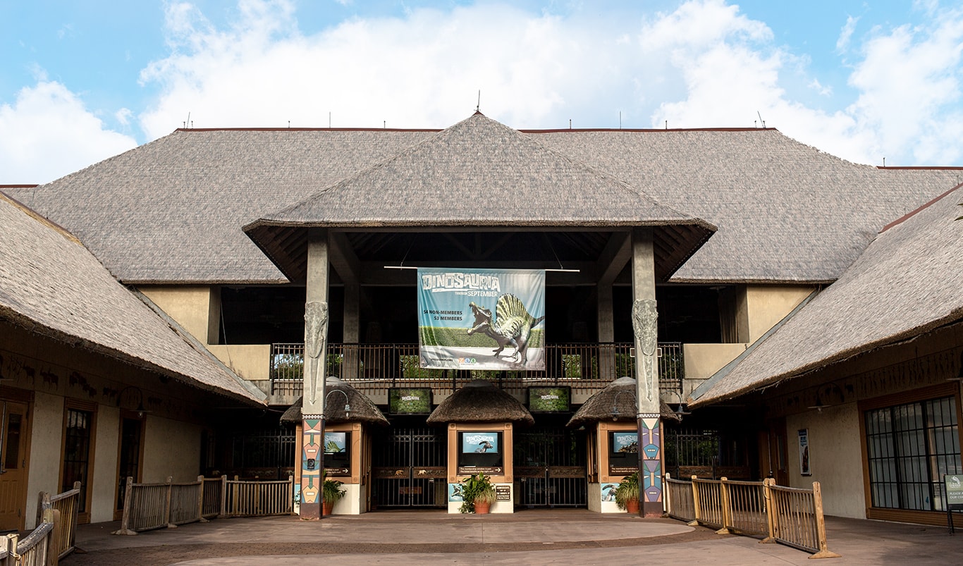 Dinosauria banner at zoo entrance